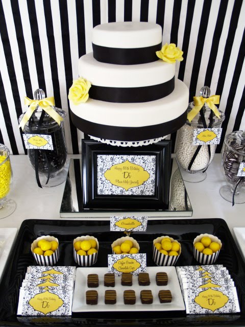Сладкий стол на свадьбе в желто-черных цветах