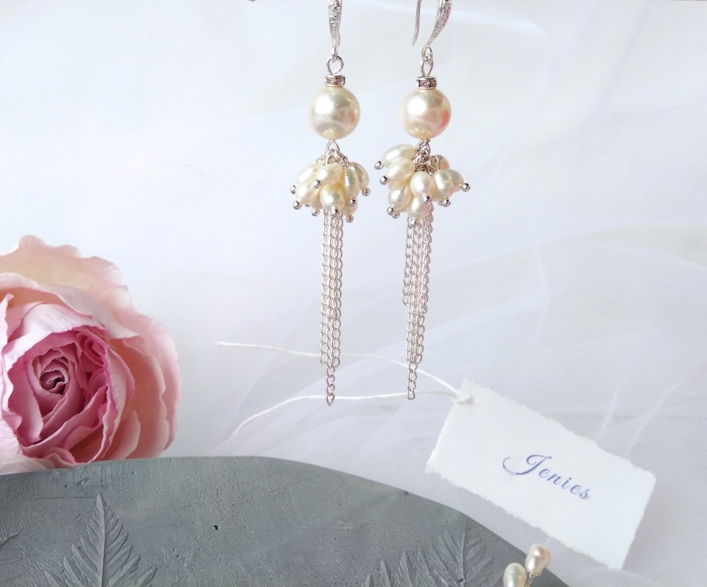 Свадебные серьги гроздья с речным жемчугом.
 Гипоаллергенные швензы 