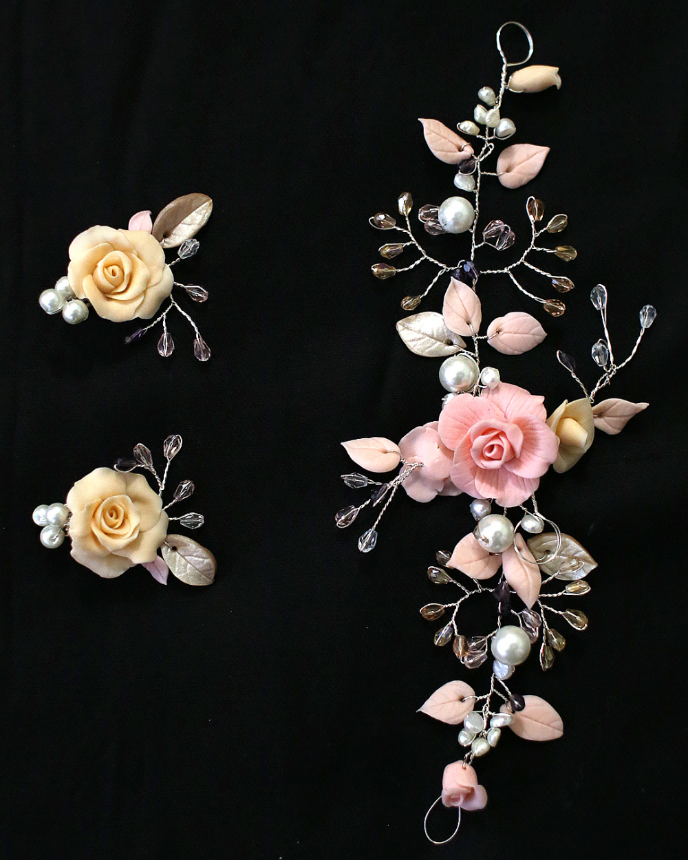 Украшение в прическу. Розы и листочки из холодного фарфора. Бусины под жемчуг.Ювелирная проволока. Крепится в прическу шпильками и невидимками, как колье на ленточке из органзы, на пояс, на плечо, как браслет.