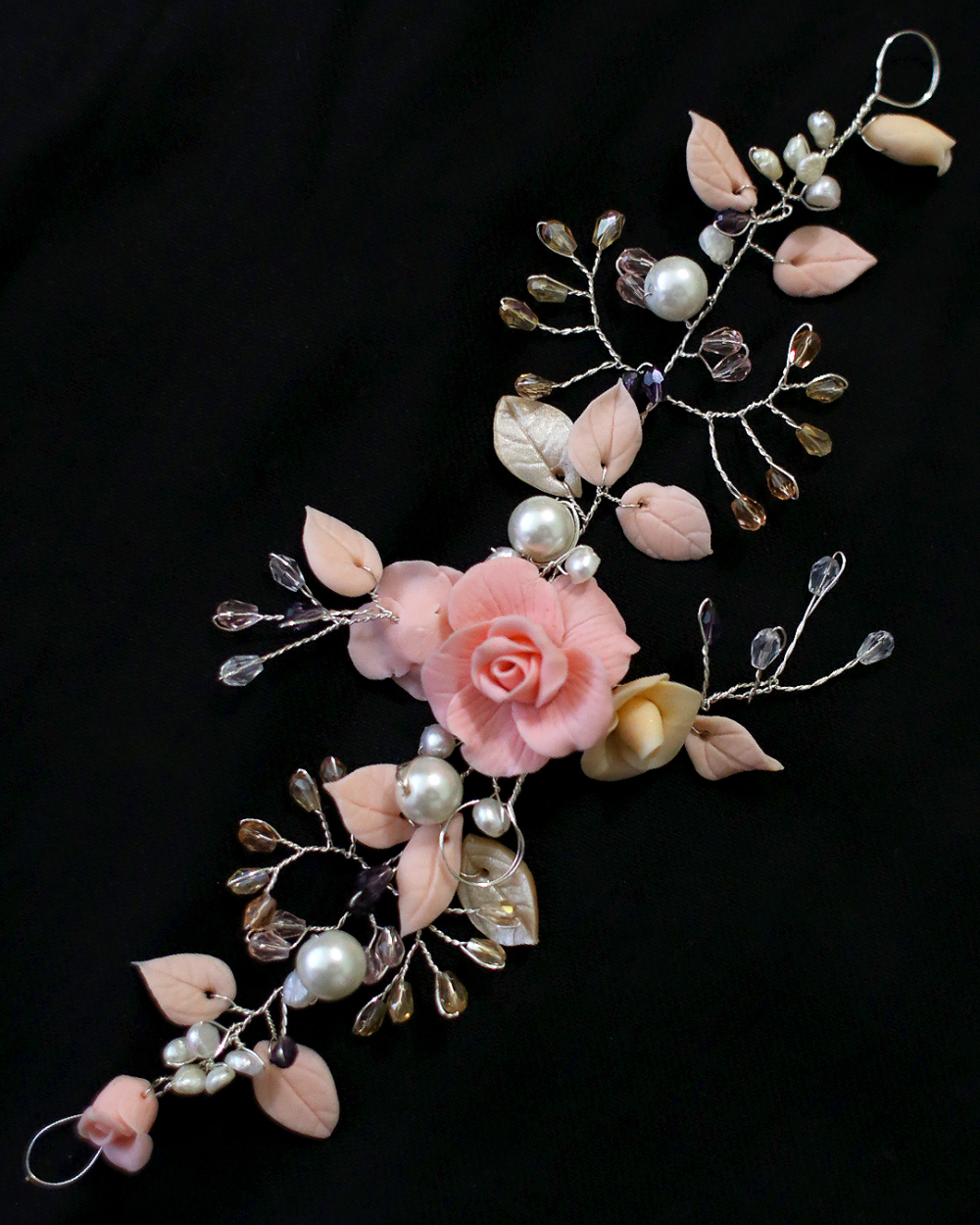 Украшение в прическу. Розы и листочки из холодного фарфора. Бусины под жемчуг.Ювелирная проволока. Крепится в прическу шпильками и невидимками, как колье на ленточке из органзы, на пояс, на плечо, как браслет.