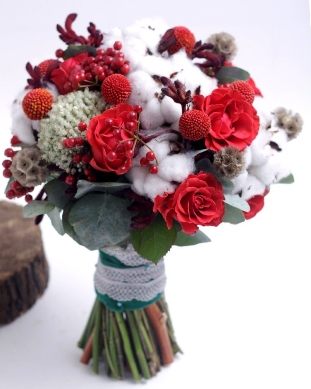 розы, хлопок, аллиум, краспедия, анигозантус