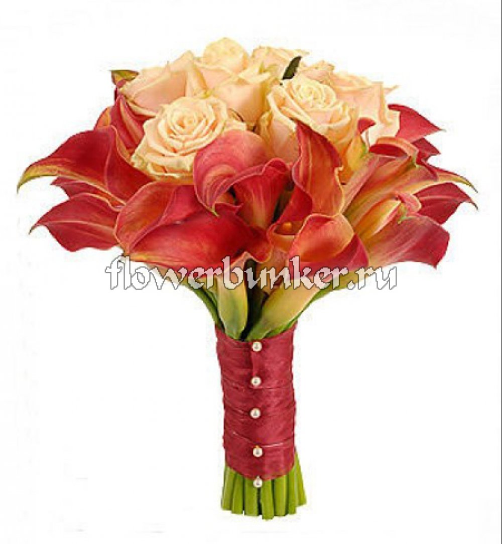 Букет невесты "Сердолик"
Состав: Букет на своих ногах, роза талея 5шт., калла 19шт., декор.
Размер: D20*H20см.