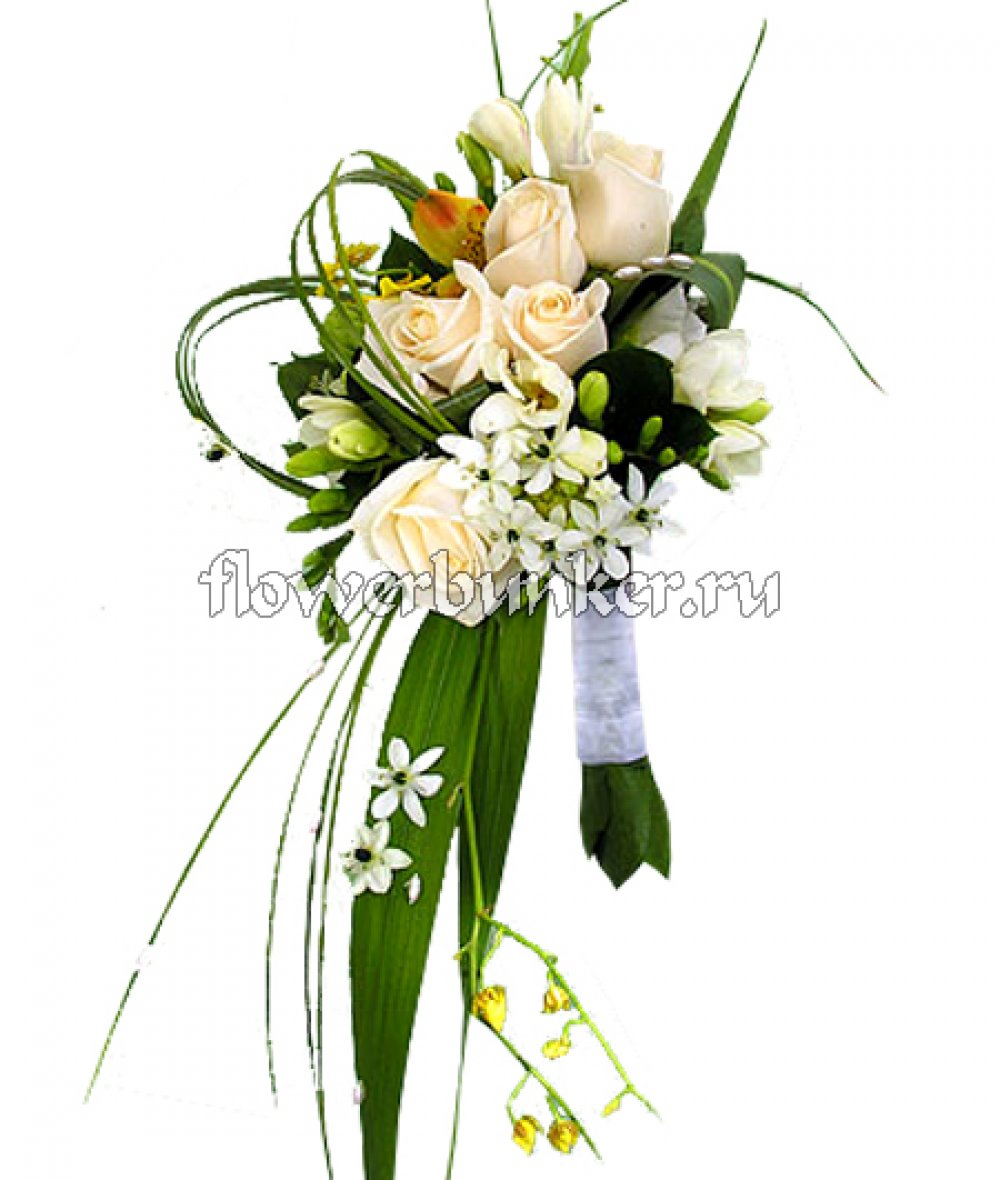 Букет невесты "Балерина"
Состав: роза, орнитогалум, фрезия, аспидистра, берграсс, декор.