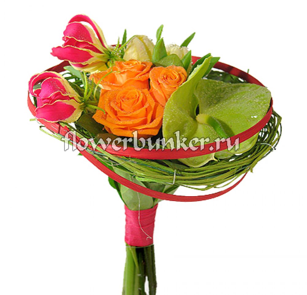 Свадебный букет "Глориоза"
Состав: глориоза, антуриум, роза, тюльпан, салал, каркас, декор.