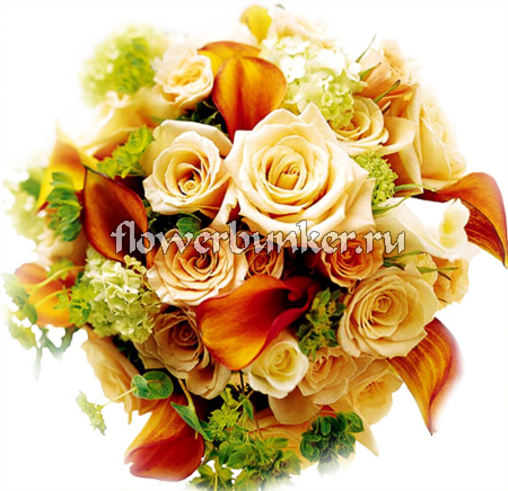 Букет невесты "Комильфо"	
Состав: роза, роза кустовая, калла, буплерум, портручка, дек.материалы.