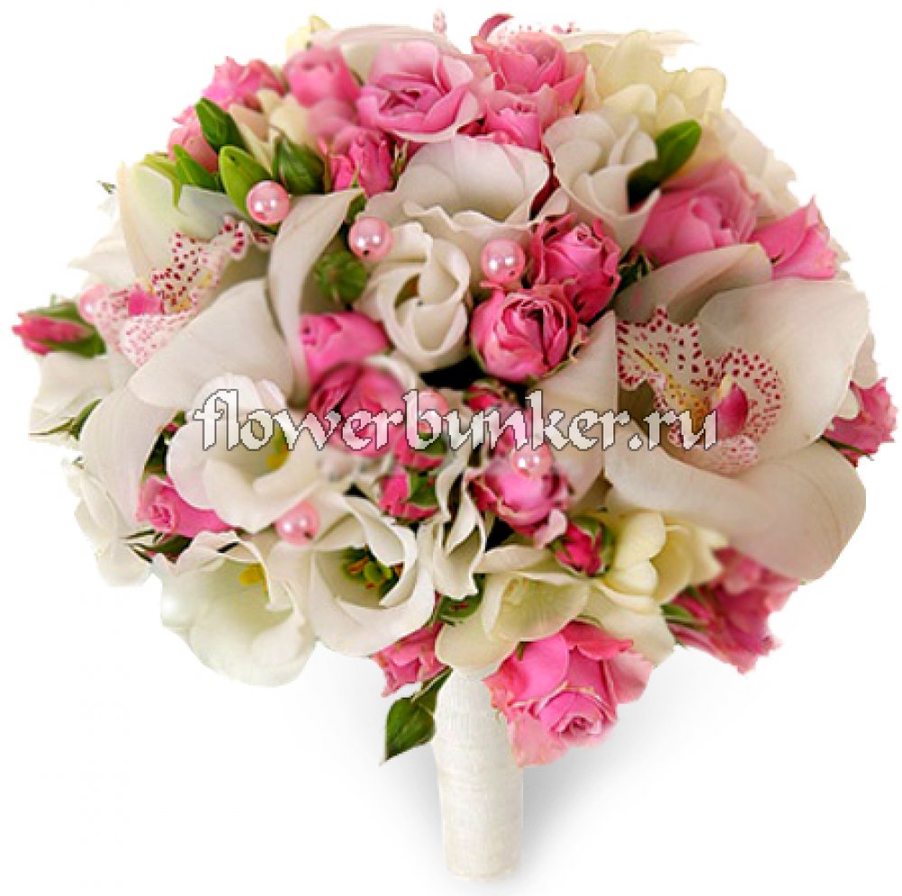 Свадебный букет "Таити"
Состав: орхидея цимбидиум, лизиантус, фрезия, роза кустовая, портручка, декор.