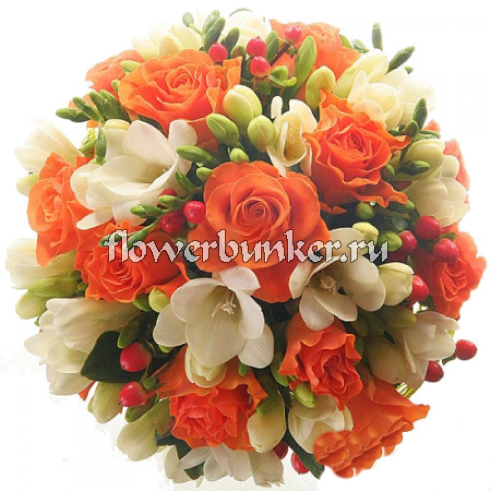 Букет невесты "Утро любви"
Состав: роза, фрезия, гиперикум, рускус израильский, портручка, декор.