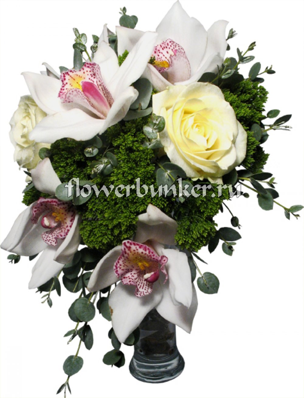 Свадебный букет из орхидей «Жардин»
Состав: орхидея цимбидиум, роза, трахелиум, эвкалипт, портручка, декор.