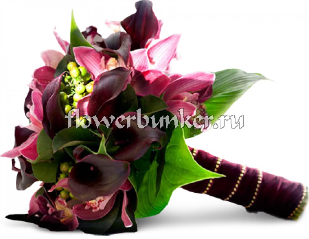 Свадебный букет"Зимняя вишня"
Состав: орхидея цимбидиум (9 шт.), калла (10 шт.), гиперикум, салал, портручка, декор.