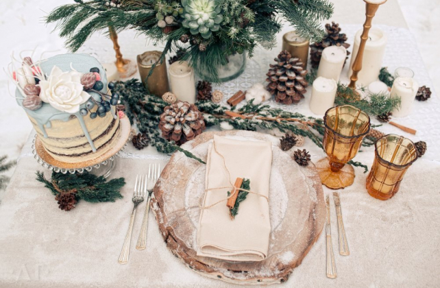 романтичная зимняя свадьба, хвоя и шишки в декоре зимней свадьбы, флористика JOLLYFLOWERS