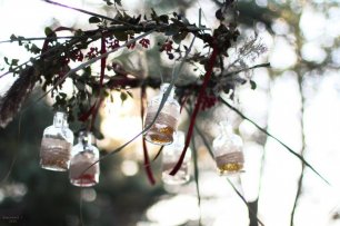 Люстра из ветвей и бутылочек с кристаллами