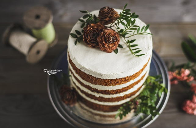 романтичная зимняя свадьба, свадебный торт с шишками, торт RAVNOVESIE SWEETS