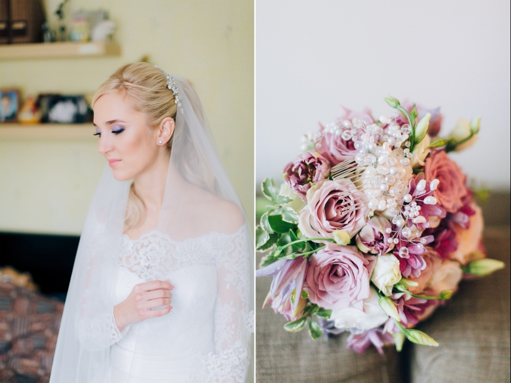 букет невесты, причёска, макияж