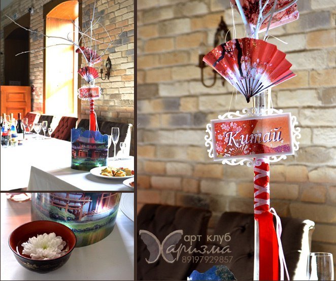 Ресторан "Княгининский Двор". Свадьба путешествие, композиции на столах гостей.