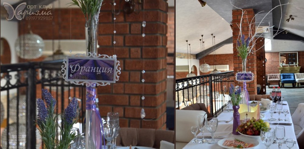 Ресторан "Княгининский Двор". Свадьба путешествие, композиции на столах гостей.