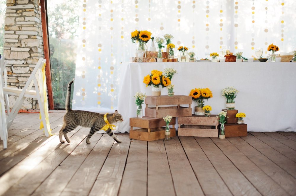 оформление зала в стиле рустик: президиум для 4 человек, украшение президиума спереди, 6 гостевых столов, стулья, украшение потолка, номерки на столы