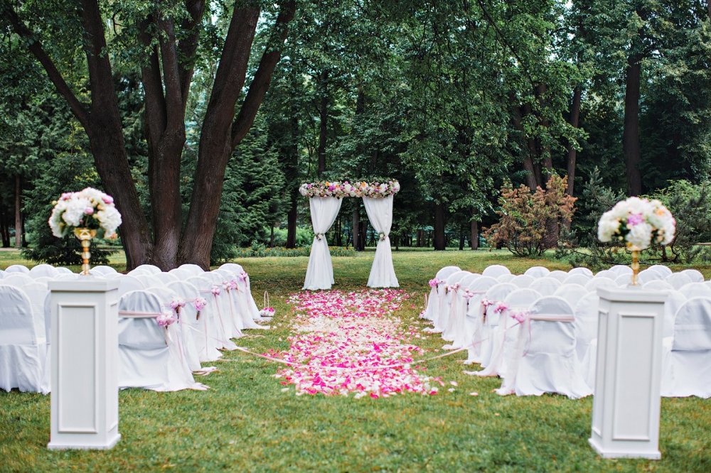 Оформление выездной регистрации. Арка с объемной флористической композицией выглядит роскошно и респектабельно. Ее поддерживают элегантные букеты в золоченых вазах на входе.
Фото Алены Парфеновой.