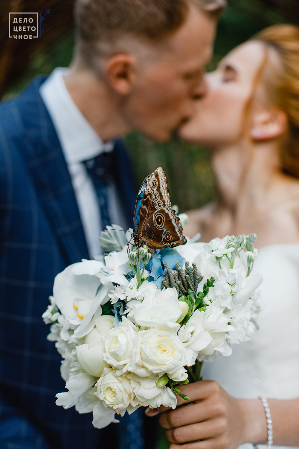 Белый букет невесты с суккулентом 