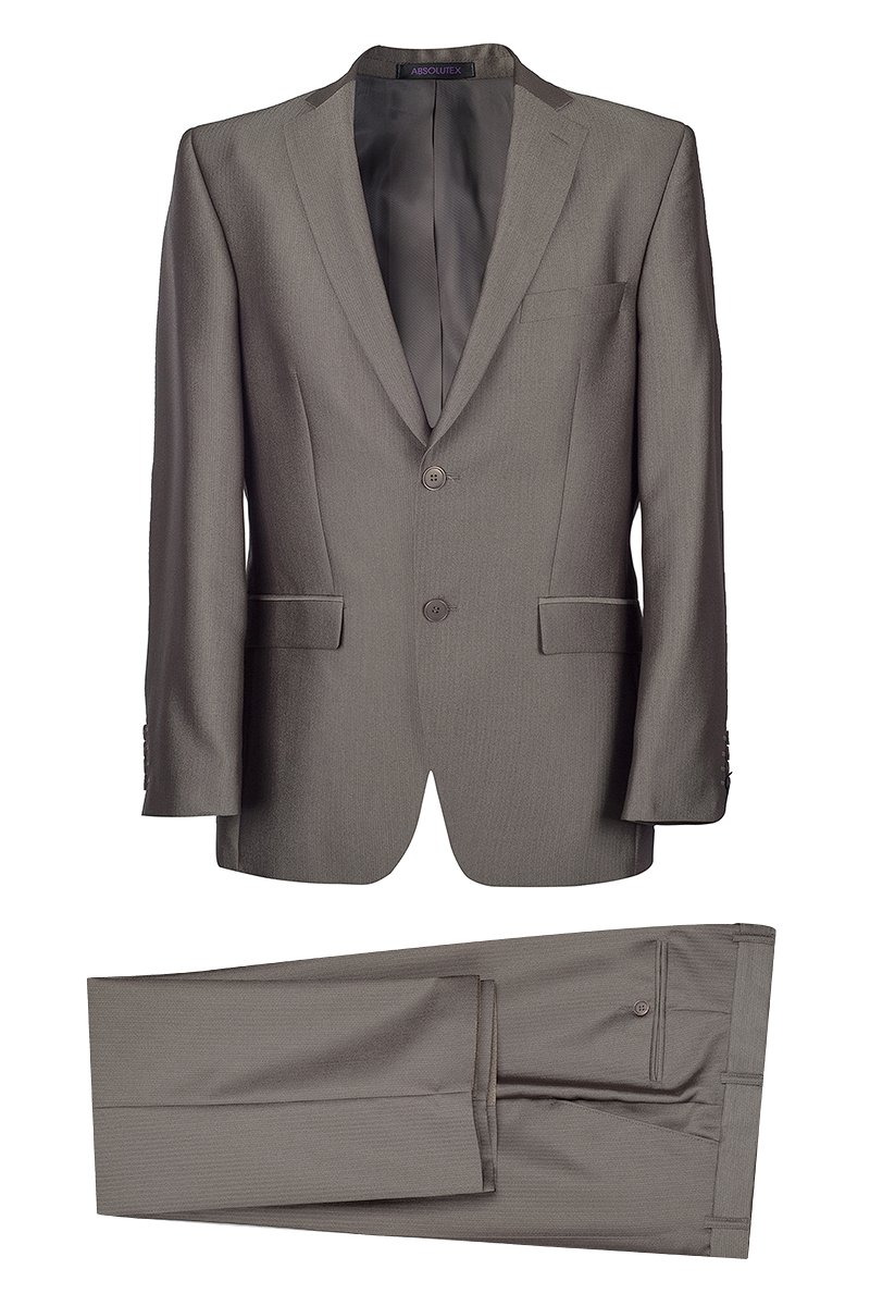 Костюм представительского уровня, в классическом стиле, прямого силуэта (Classic). Ткань серого-бежевого цвета с микродизайном (полоска, ёлочка). Технология изготовления костюма придает пиджаку форму, силуэту – четкость линий. Застёжка на пуговицы – 2 по борту, по 4 на рукавах. Лацкан классический. Карманы: 1 нагрудный прорезной листочка, 2 боковых с клапанами, 3 внутренних, 2 шлицы по спинке. Брюки прямого покроя с традиционной застежкой, ширина брюк по низу = 21,5 - 22 см. Стильный и элегантный вариант для делового мужчины.