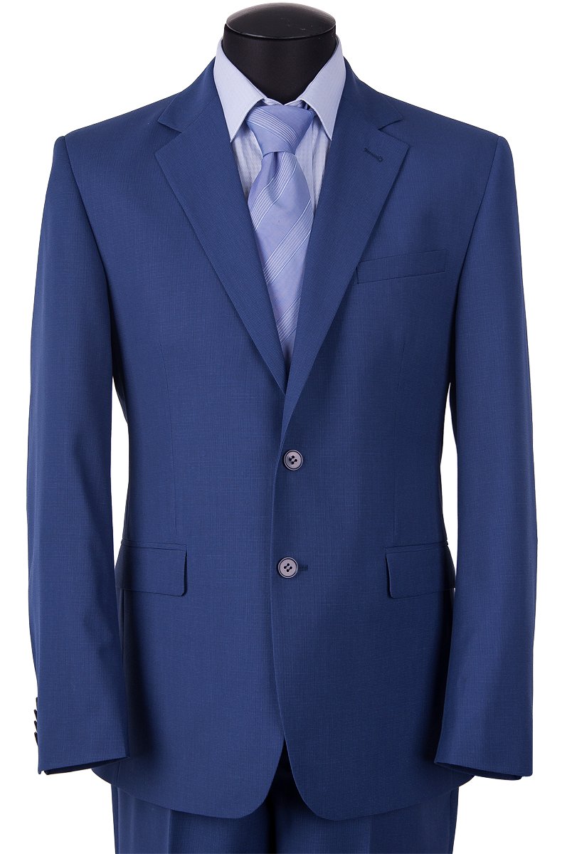 Костюм бизнес-класса, Classic Fit (полуприлегающий) силуэт. Ткань актуального синего цвета с легкой фактурой. Пиджак строгого силуэта следует естественным линиям фигуры. Застежка на 2 петли, пуговицы, рукав - 4 пуговицы. Карманы с клапанами, нагрудный карман листочка. По спинке 2 шлицы, которые придают особое изящество костюму. На подкладке обработано 3 удобных кармана, 1 застёгивается на пуговицу, сама подкладка оригинального цветового решения и дизайна. Брюки прямого покроя с традиционной застежкой, ширина брюк по низу = 21 см. На поясе предусмотрены шлевки для ремня. Стильный и элегантный вариант для делового мужчины.