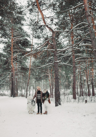 зимняя фотосессия лав стори, прогулка с бычком в зимнем лесу, фотограф ТАТЬЯНА АФАНАСЬЕВА