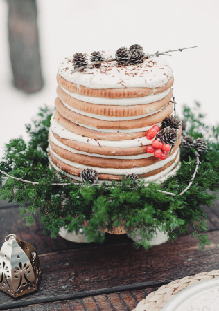романтичная зимняя свадьба, хвоя, шишки и ягоды в декоре торта, фотограф ТАТЬЯНА АФАНАСЬЕВА