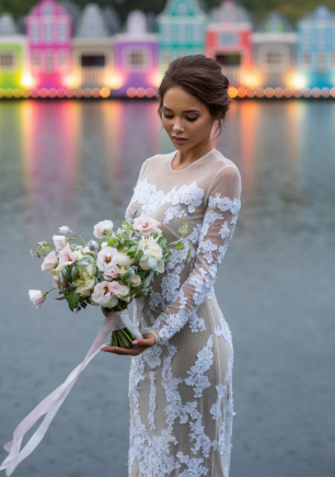 Портрет невесты с букетом на фоне озера