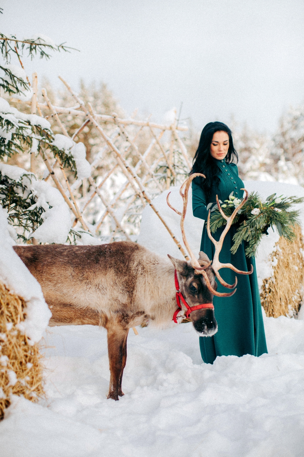 Зимняя свадьба. Зима. Невеста в шубе. Шубка. Декор. Свадебный декор. Стол. Тюльпаны. Спил. Деревянный спил. Хвоя. Ель. Зимняя невеста. Олень. Олень на фотосессии. 