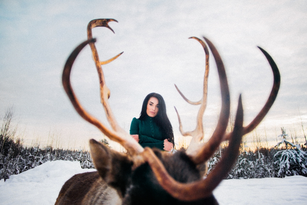 Зимняя свадьба. Зима. Невеста в шубе. Шубка. Декор. Свадебный декор. Стол. Тюльпаны. Спил. Деревянный спил. Хвоя. Ель. Зимняя невеста. Олень. Олень на фотосессии. 