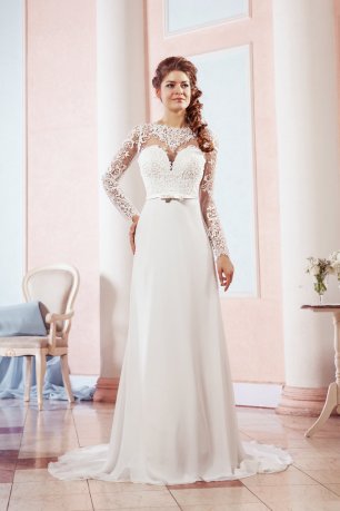 Свадебное платье с кружевным полупрозрачным верхом