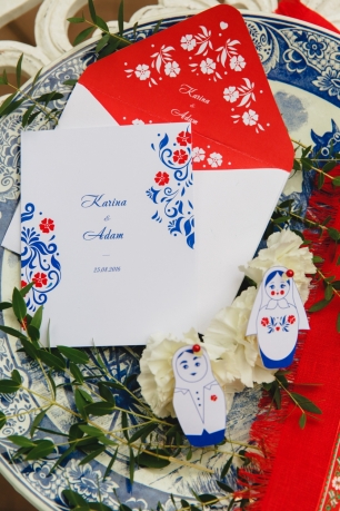 Свадебные приглашения для интернациональной свадьбы "Гжель & Дельфт", Голландия & России