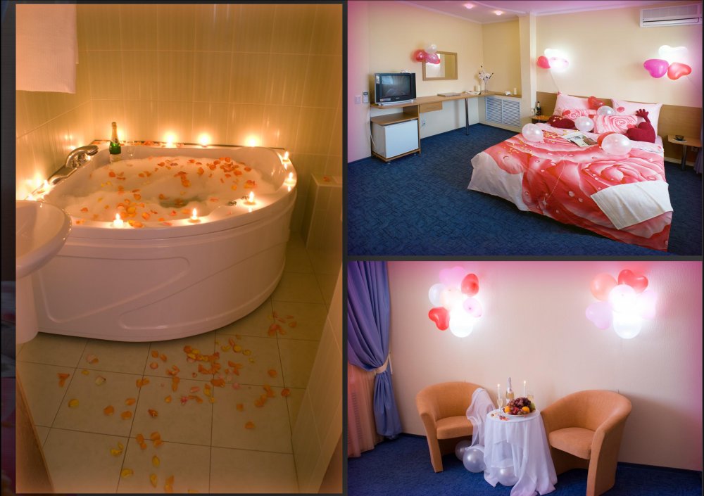 Комфортабельный номер с ванной-джакузи, кондиционер, фен, кабельное ТВ, Wi-Fi, фрукты и шампанское в подарок, оформление воздушными шарами, лепестки роз, свечи, подарок-завтрак в номер!
