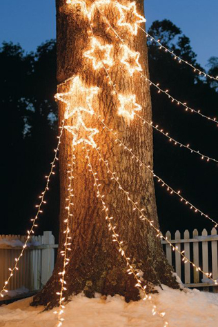 романтичная зимняя свадьба, декор деревьев гирляндами 