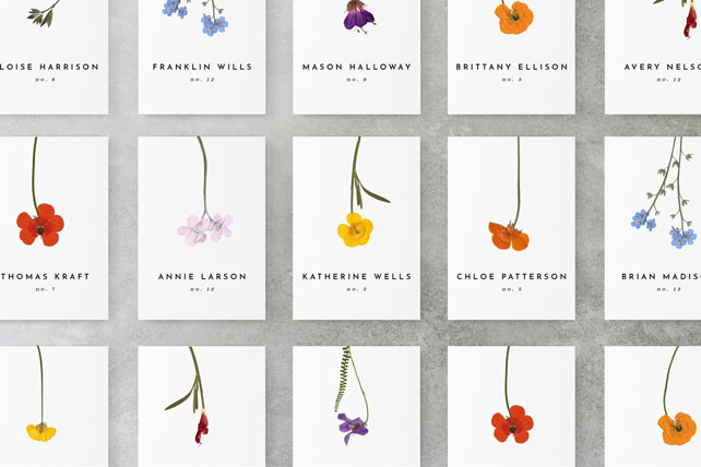 гербарий в декоре свадьбы, рассадочные карточки с высушенными цветами 