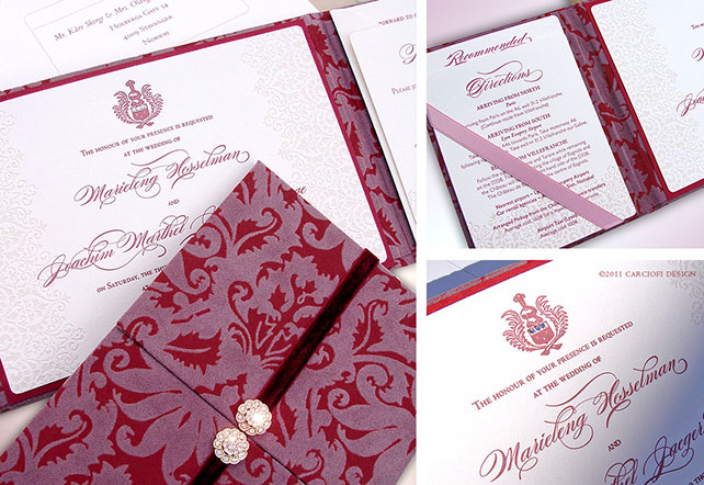 бархат в декоре свадьбы, приглашения с бархатной лентой