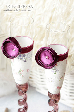 бархат в декоре свадьбы, декор бокалов