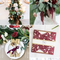 свадебный мудборд в зелено-бордовой цветовой гамме
