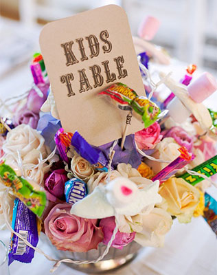 Детский стол на свадьбе, табличка детского стола, цветы, конфеты 