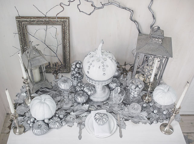 Frozen autumn, свадьба в серебристом цвете, декор свадьбы тыквами и подсвечниками