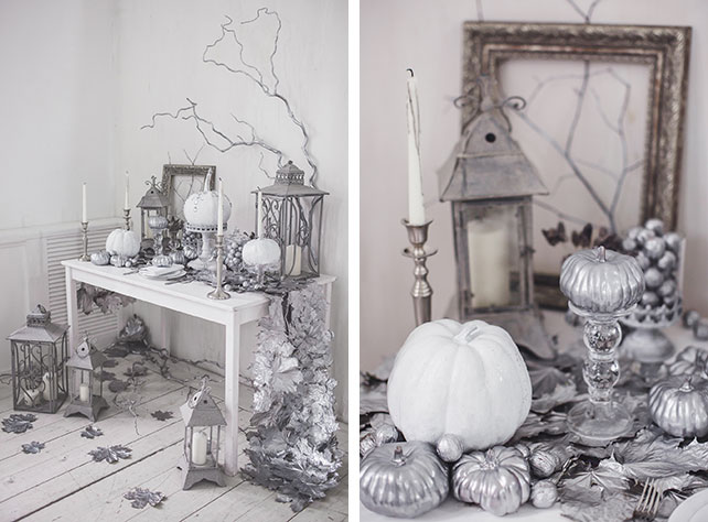 Frozen autumn, свадьба в серебристом цвете, декор свадьбы винтажной мебелью, тыквами, фонариками