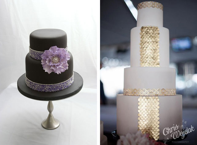 торт с блёстками, чёрный торт с крупным цветком, 42 свадебных торта для роскошной гламурной свадьбы