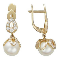 Серьги из красного золота с жемчугом и фианитами