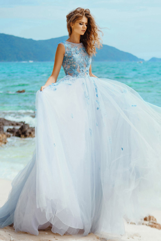 пляжные свадебные платья, голубое пляжное свадебное платье 