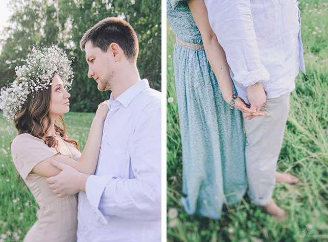 Фотосессия love story на природе, влюбленные обнимаются и держатся за руки