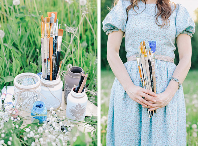 Фотосессия love story на природе, краски, кисти и рисунки на траве, девушка с кистями в руках