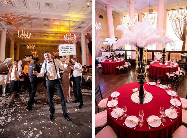 Декор свадьбы Анны и Шарля, перья на столах