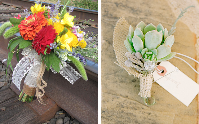 Оформление букета и бутоньерки из мешковины