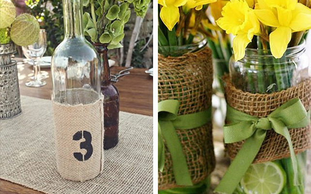 Номер стола из мешковины на свадьбе