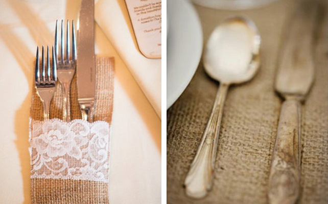 Салфетки для приборов из мешковины на свадьбе