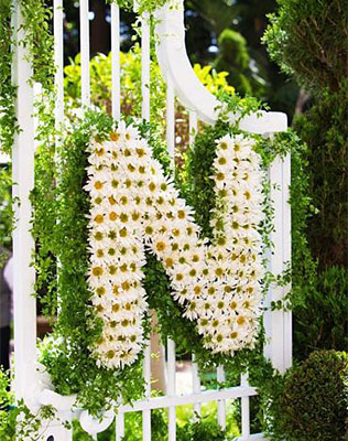 необычная свадебная флористика, буквы из цветов